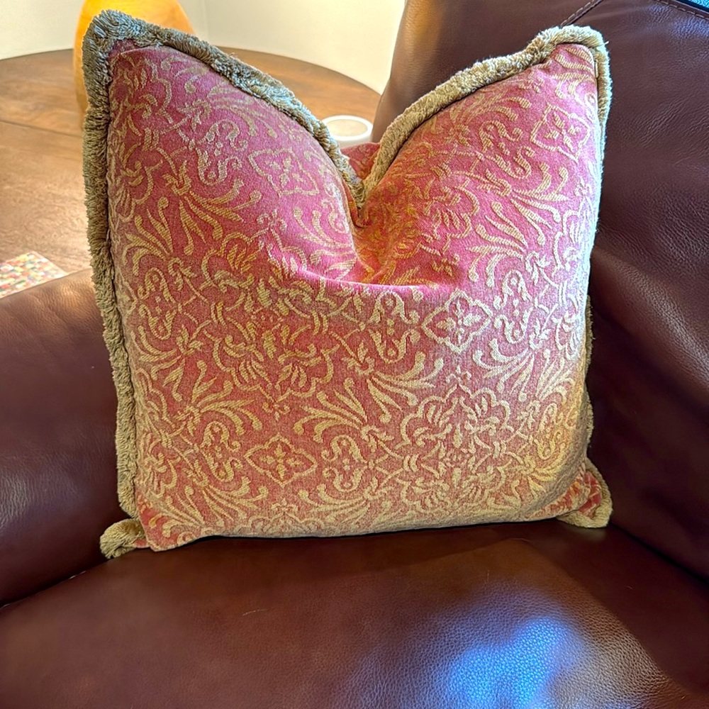 Restoration Hardware Pink and Gold Brocade Fringe Accent Pillow